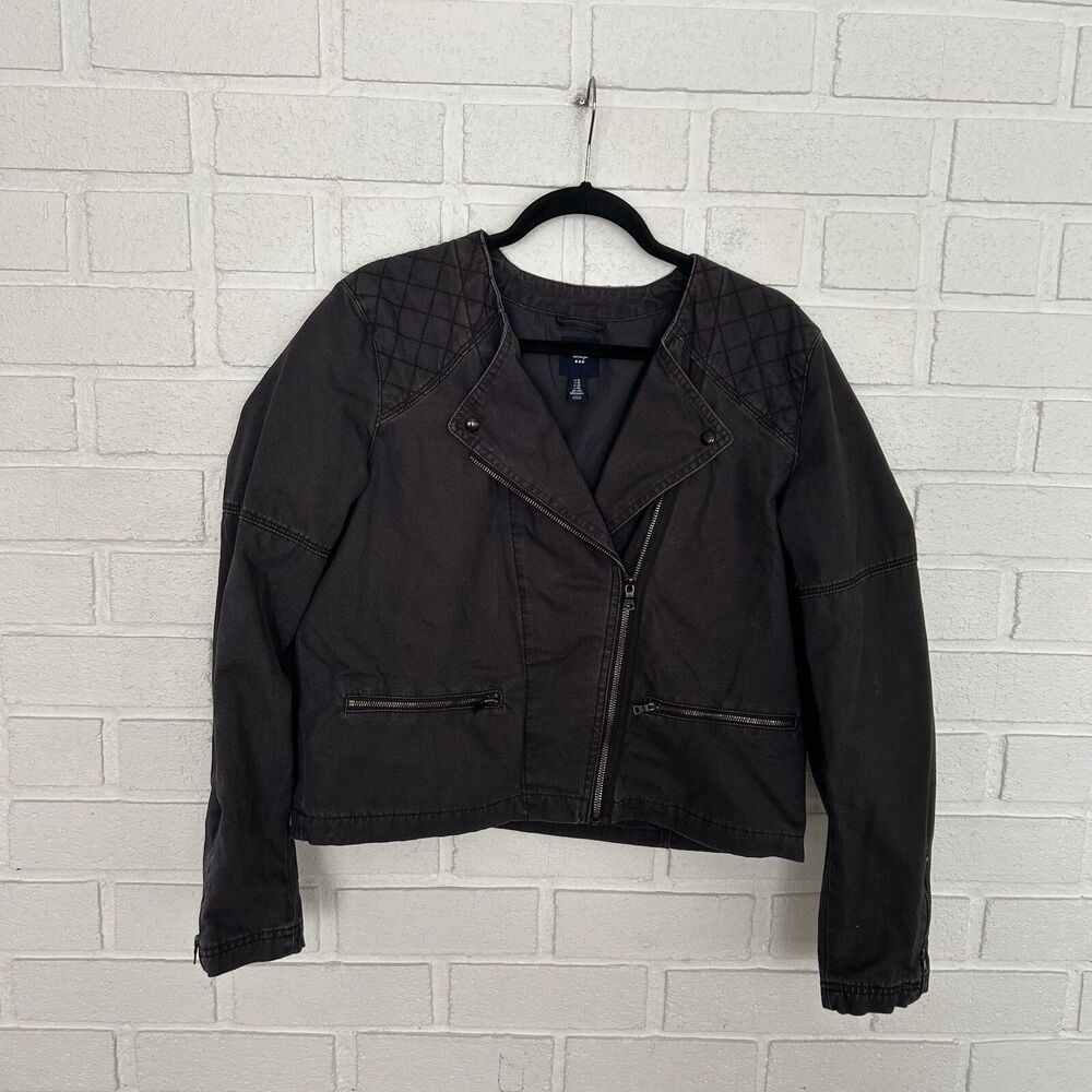 Gap Biker Jacket Asymetric Zip Pockets Quilted Shoulders Womens 16 Grey Zip Cuff